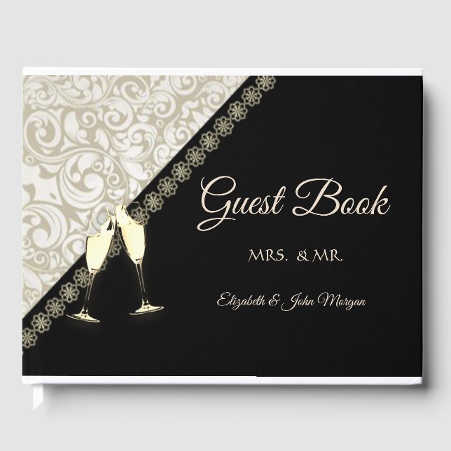 Elegant Black,Damask Guest Book (Front)
