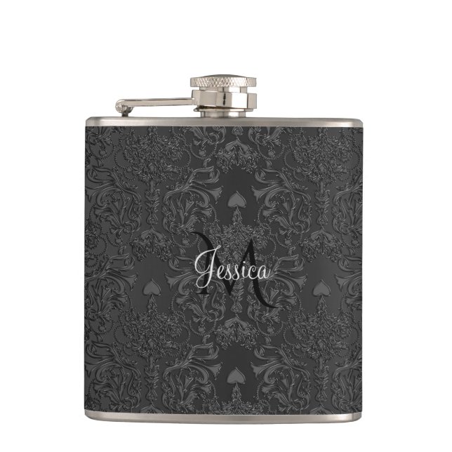 Elegant Black Damask Lace Flask (Front)