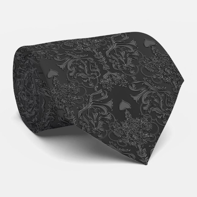Elegant Black Damask Lace Neck Tie (Rolled)