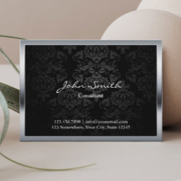 Elegant Black Damask Metal Framed Business Card