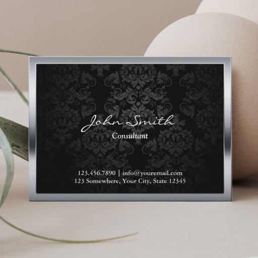 Customizable Chubby Black Damask Metal Border Business Card