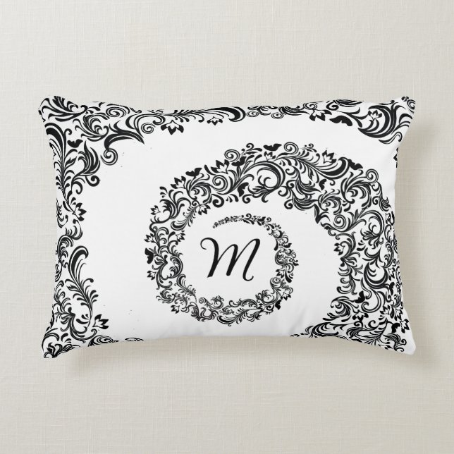 Elegant Black Damask Monogram Accent Pillow (Front)