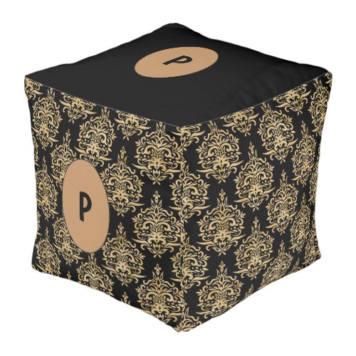 Elegant Black Damask Monogram Pouf