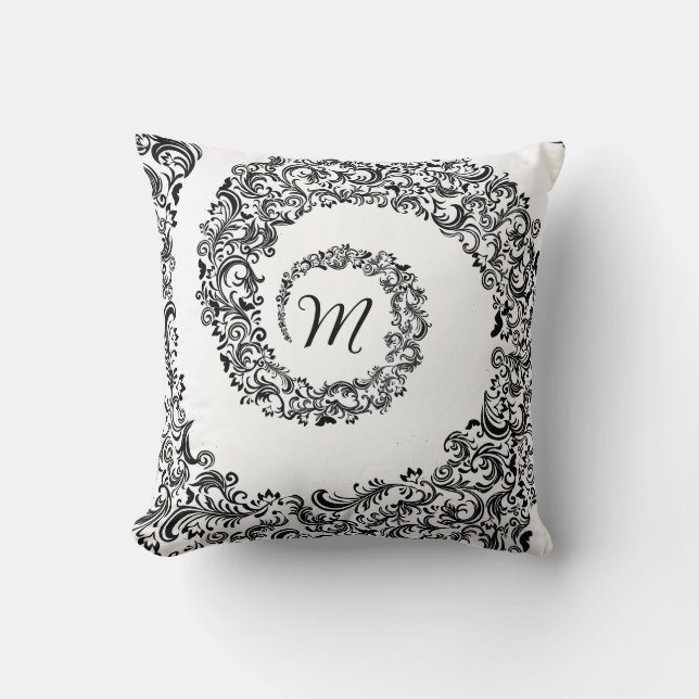 Elegant Black Damask Monogram Throw Pillow (Front)