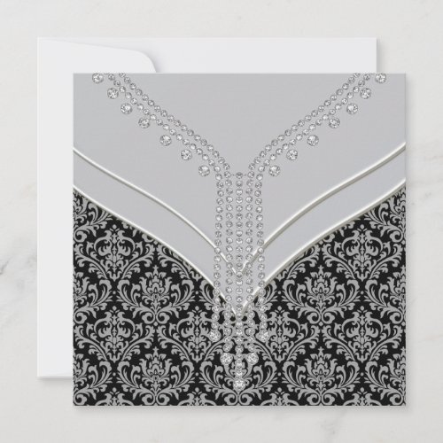 Elegant Gray and Black Damask Party Personalized Invitation