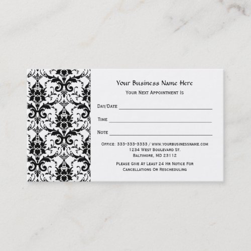 Elegant Black Damask Pattern Salon Appointment Business Card Templates