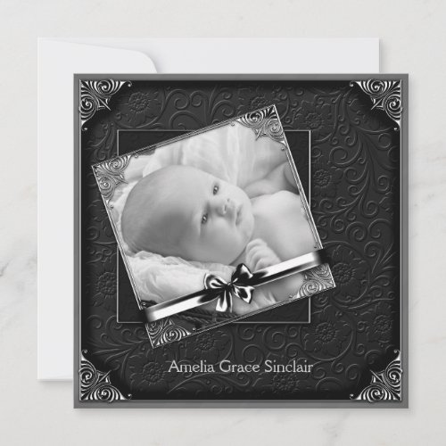Elegant Black Damask Photo Birth Announcement