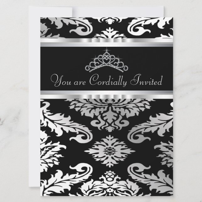 Elegant Black Damask Quinceanera Invitation (Front)