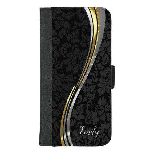 Elegant Black Damask Silver  Gold Stripes iPhone 87 Plus Wallet Case