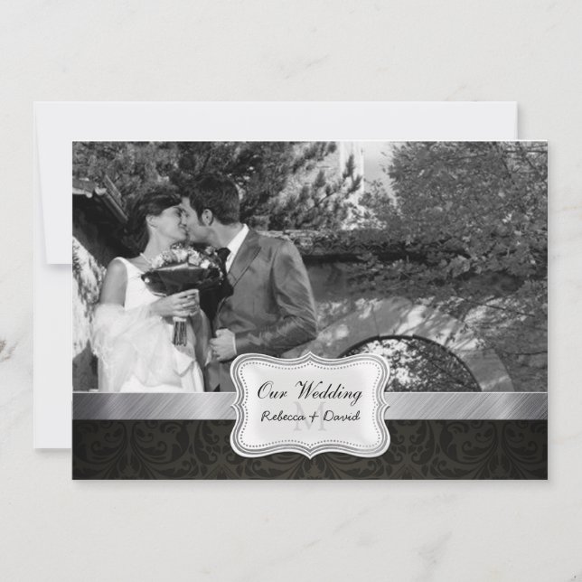 Elegant Black Damask Wedding Photo invites (Front)