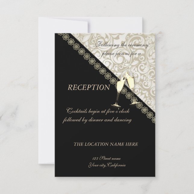 Elegant Black,Damask  Wedding Reception Invitation (Front)
