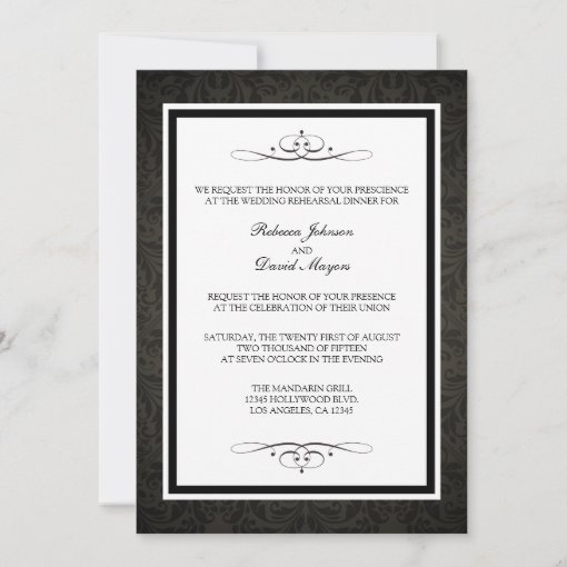 Elegant Black Damask Wedding Rehearsal Dinner Invitation | Zazzle