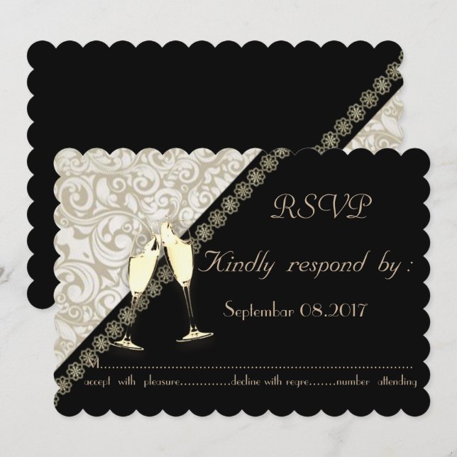 Elegant Black,Damask Wedding  RSVP Card (Front/Back)