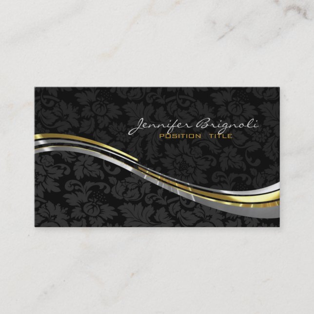 Elegant Black Damasks Gold And Silver Accents Business Card (Front)