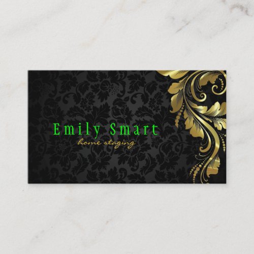 Elegant Black Damasks Gold Floral Lace 4 Business Card Template