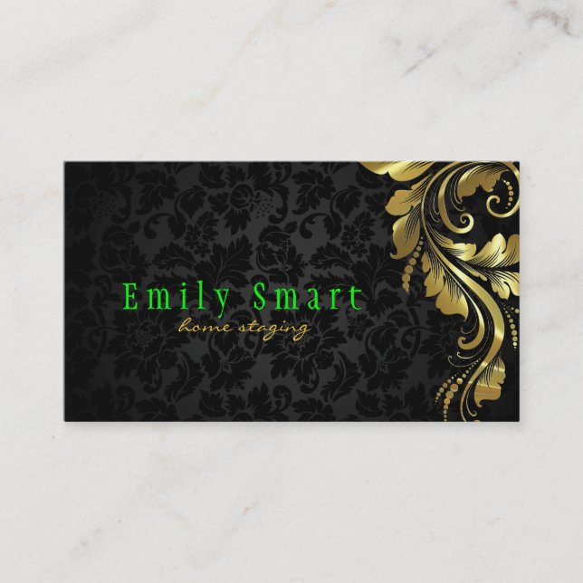 Elegant Black Damasks Gold Floral Lace 4 Business Card (Front)