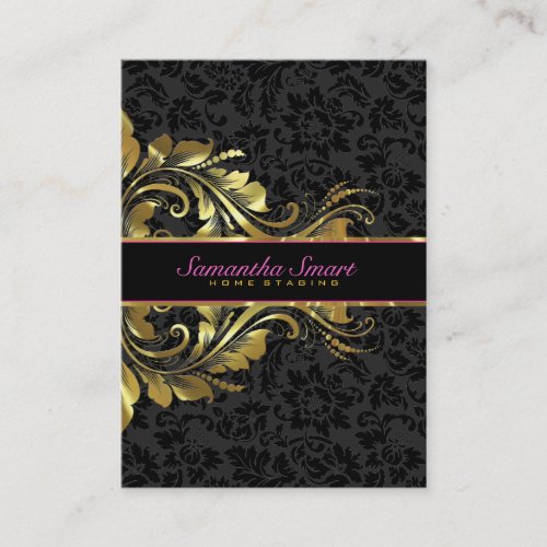 Elegant Black Damasks Gold Floral Lace Business Card