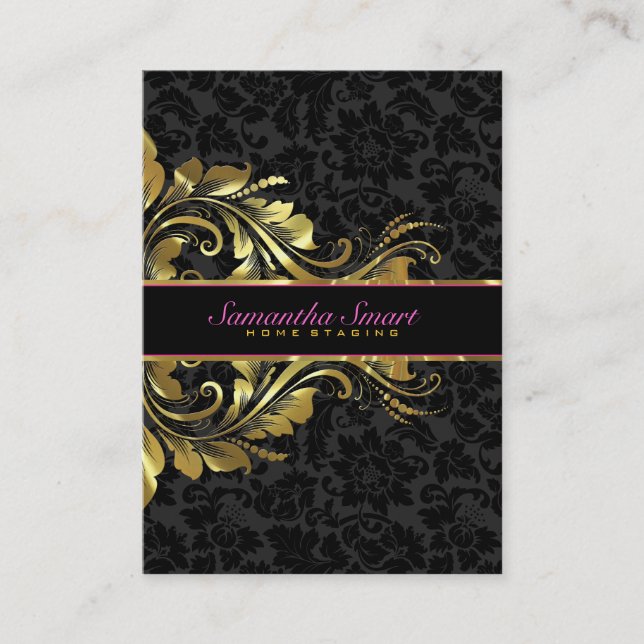 Elegant Black Damasks Gold Floral Lace Business Card (Front)