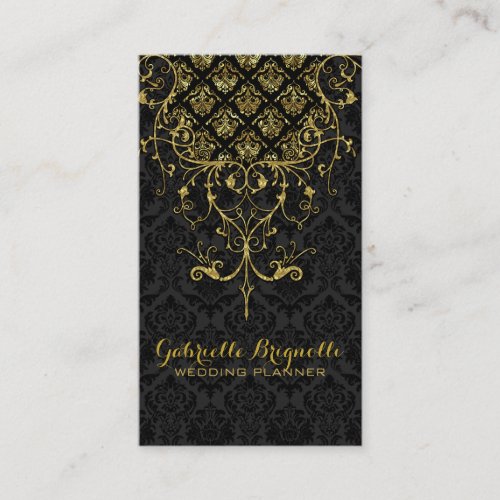 Elegant Black Damasks  Gold Floral Lace Frame Business Card