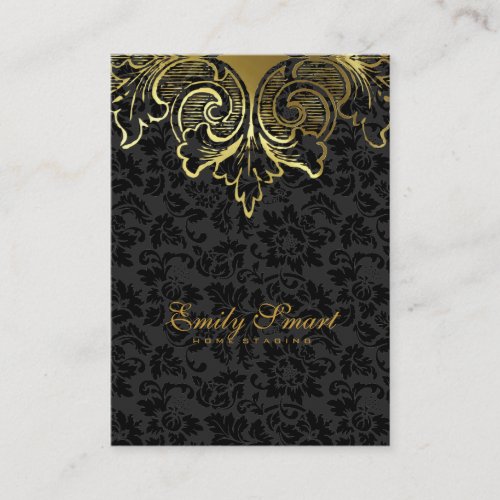 Elegant Black Damasks Gold Floral Ornament Business Card