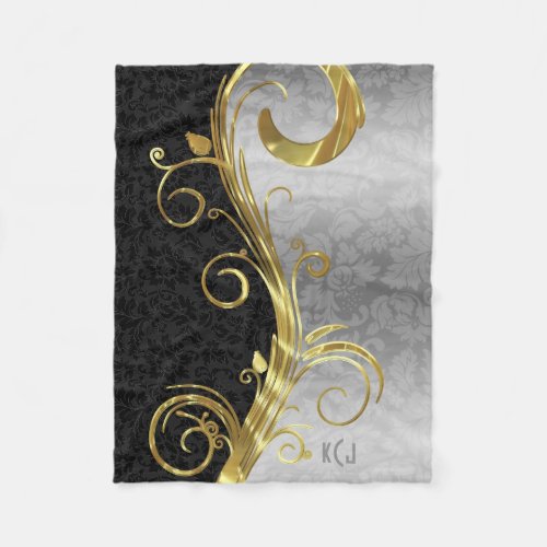 Elegant Black Damasks Gold  Silver Swirls Fleece Blanket