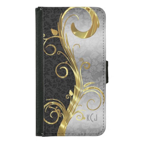 Elegant Black Damasks Gold  Silver Swirls Wallet Phone Case For Samsung Galaxy S5