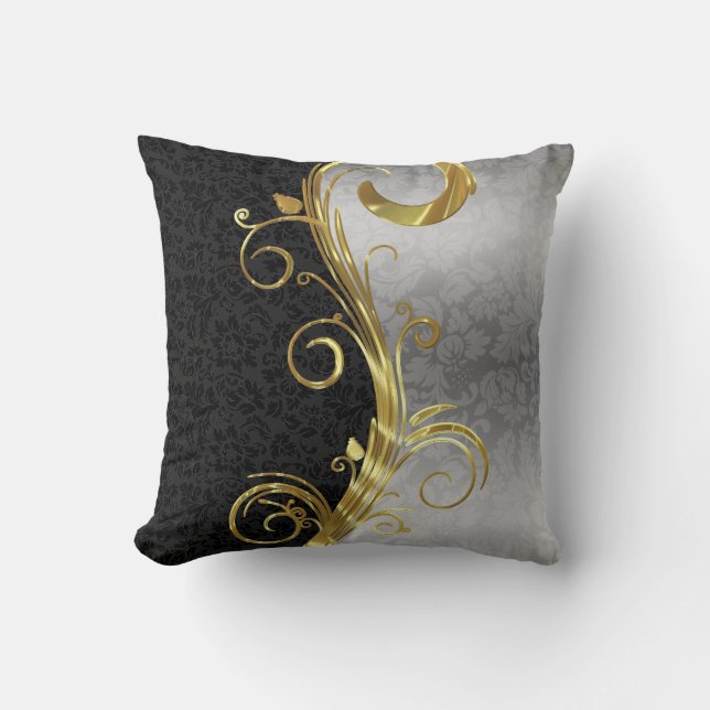 Elegant Black Damasks Gold & Silver Swirls Throw Pillow (Front)