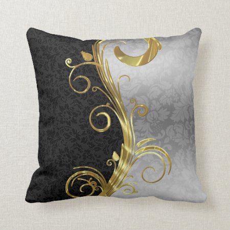 Elegant Black Damasks Gold & Silver Swirls Throw Pillow