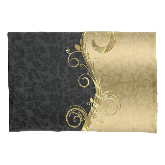 Elegant Black Damasks Gold Swirls Pillow Case (Front)