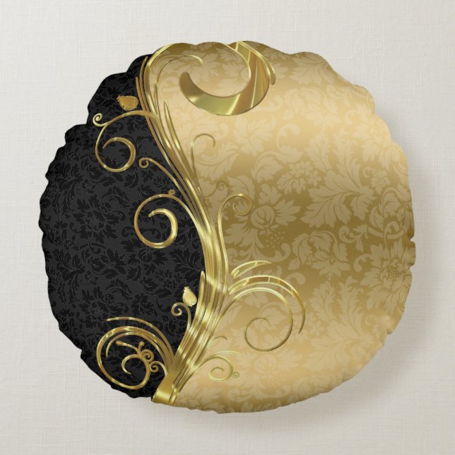 Elegant Black Damasks Gold Swirls Round Pillow (Front)