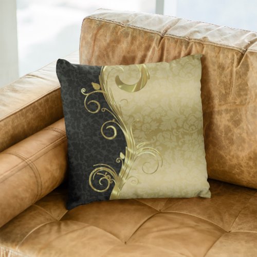 Elegant Black Damasks Gold Swirls Throw Pillow