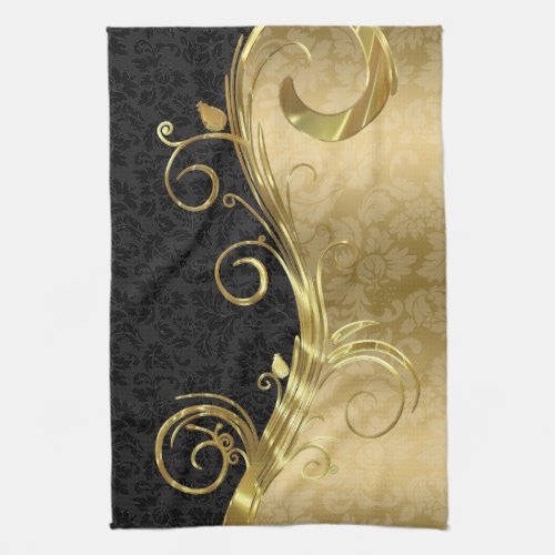 Elegant Black Damasks Gold Swirls Towel