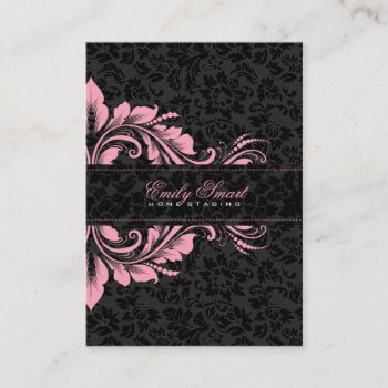 Elegant Black Damasks Pink Floral Ornament 2 Business Card by gogaonzazzle at Zazzle
