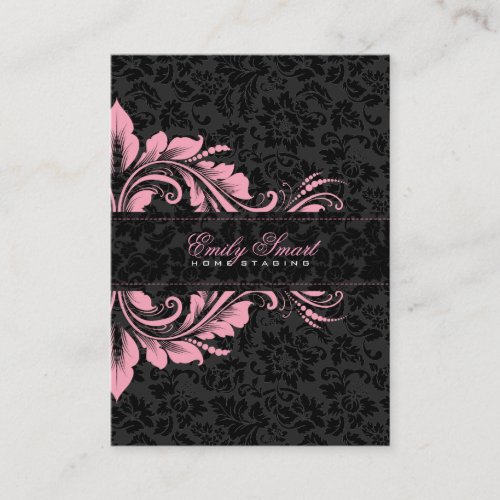 Elegant Black Damasks Pink Floral Ornament 2 Business Card