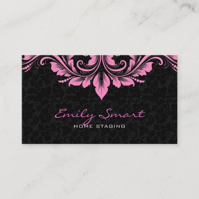 Elegant Black Damasks Pink Floral Swirls Business Card (Front)