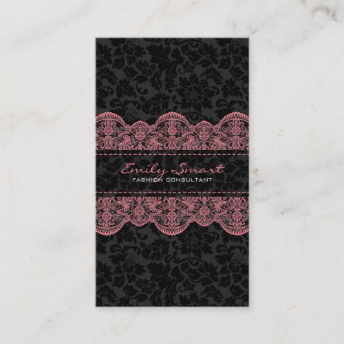 Elegant Black Damasks Pink Lace Business Card Template