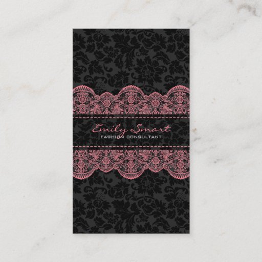 Customizable Elegant Black Damasks Pink Lace Business Card Template