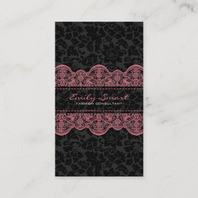 Elegant Black Damasks Pink Lace Business Card (Front)
