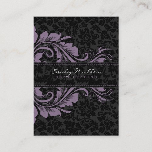 Elegant Black Damasks &amp; Purple Floral Ornament Business Card Template