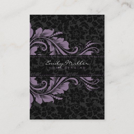 Customizable Elegant Black Damasks &amp; Purple Floral Ornament Business Card Template