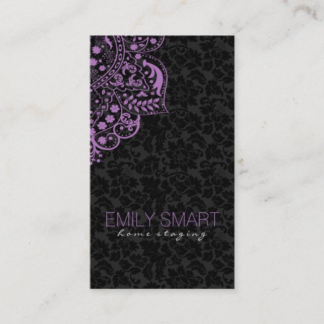 Elegant Black Damasks Purple Vintage Lace Business Card (Front)