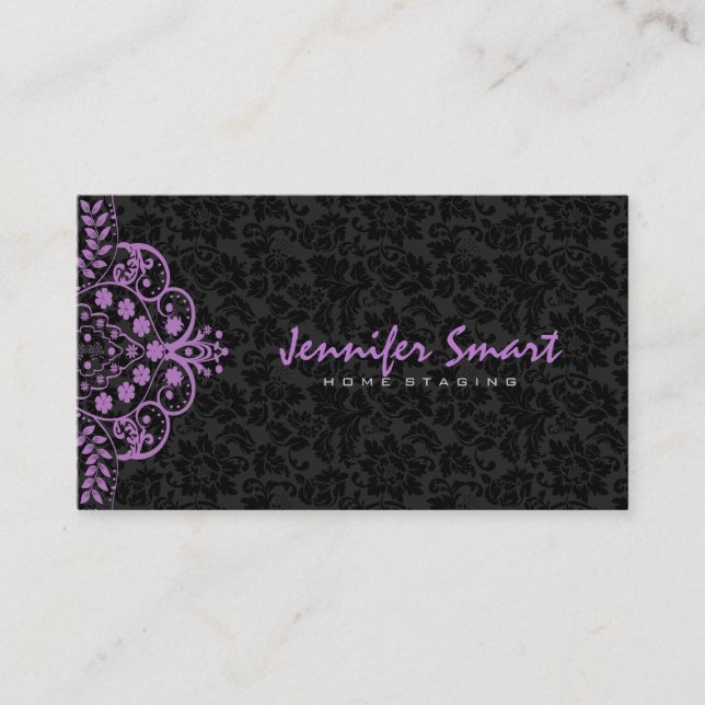 Elegant Black Damasks Purple Vintage Lace Business Card (Front)