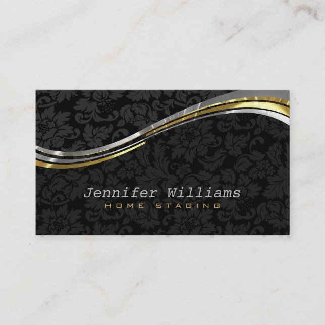 Elegant Black Damasks Silver And Gold Accents Business Card (Front)