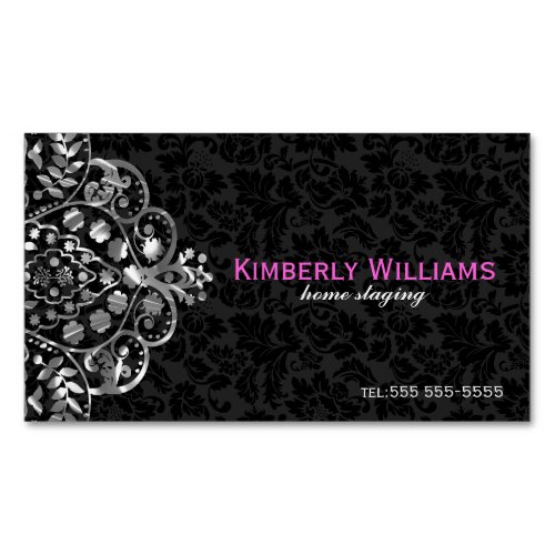 Elegant Black Damasks Silver Metallic Vintage Lace Business Card Magnet