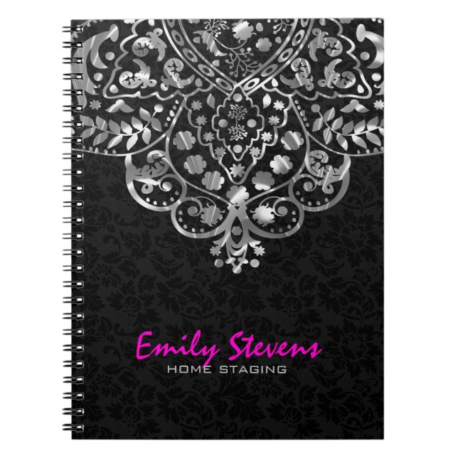 Elegant Black Damasks Silver Metallic Vintage Lace Notebook (Front)