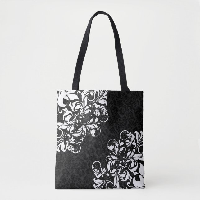 Elegant Black Damasks & White Floral Lace Tote Bag (Front)