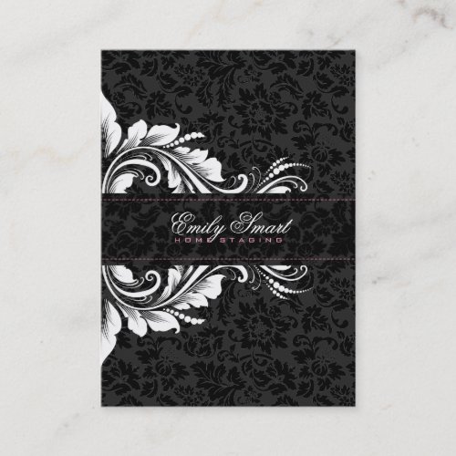 Elegant Black Damasks White Floral Ornament 2 Business Card