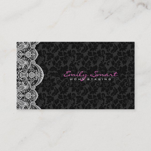 Elegant Black Damasks White Lace Business Card (Front)