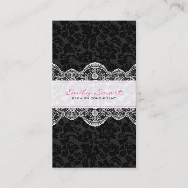 Elegant Black Damasks White Lace Business Card (Front)