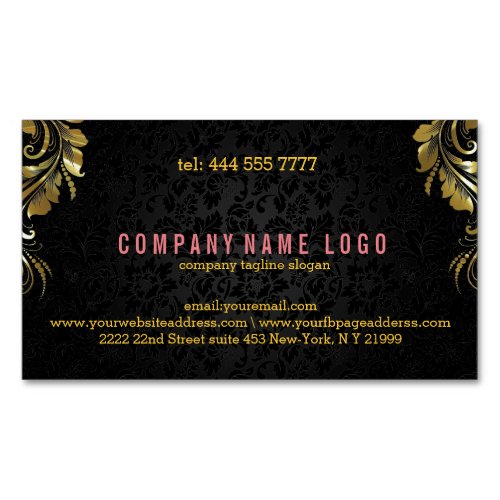 Elegant Black Damasks With Gold Floral Lace 5 Business Card Magnet